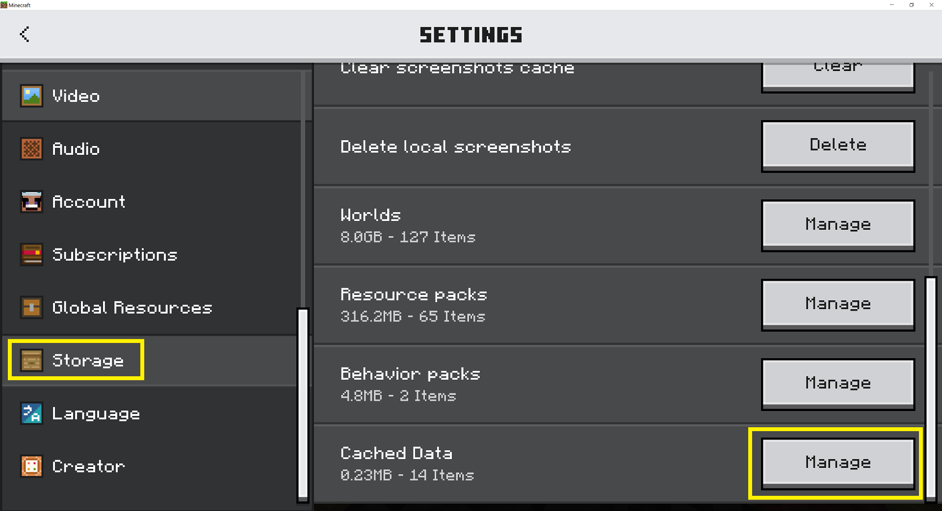 Cached data in settings